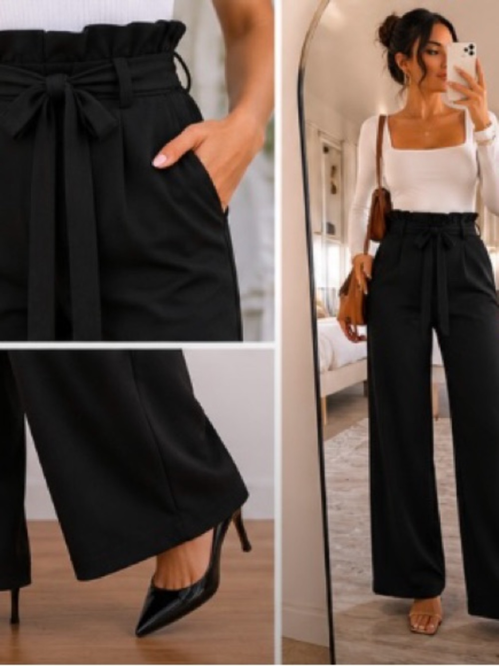 SLNGHR Black Wide Leg Paperbag Pants XS High Waist Minimalist Trousers Chic - Picture 2 of 8